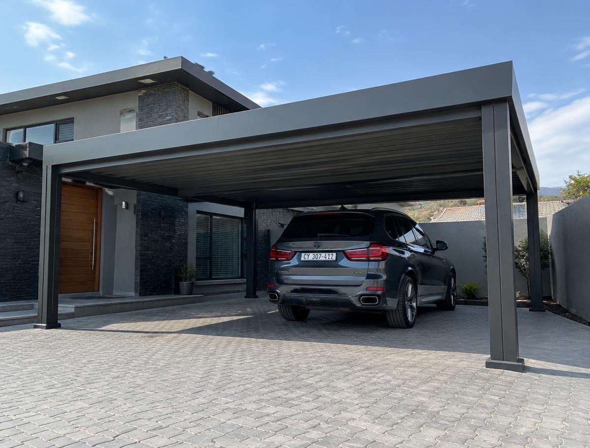 Modern charcoal steel carport over a paved driveway