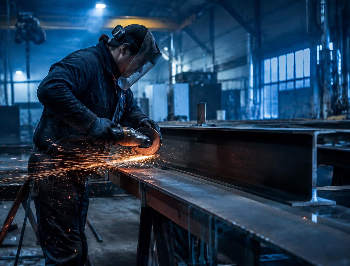 Steel beam being cut with an angle grinder in a workshop