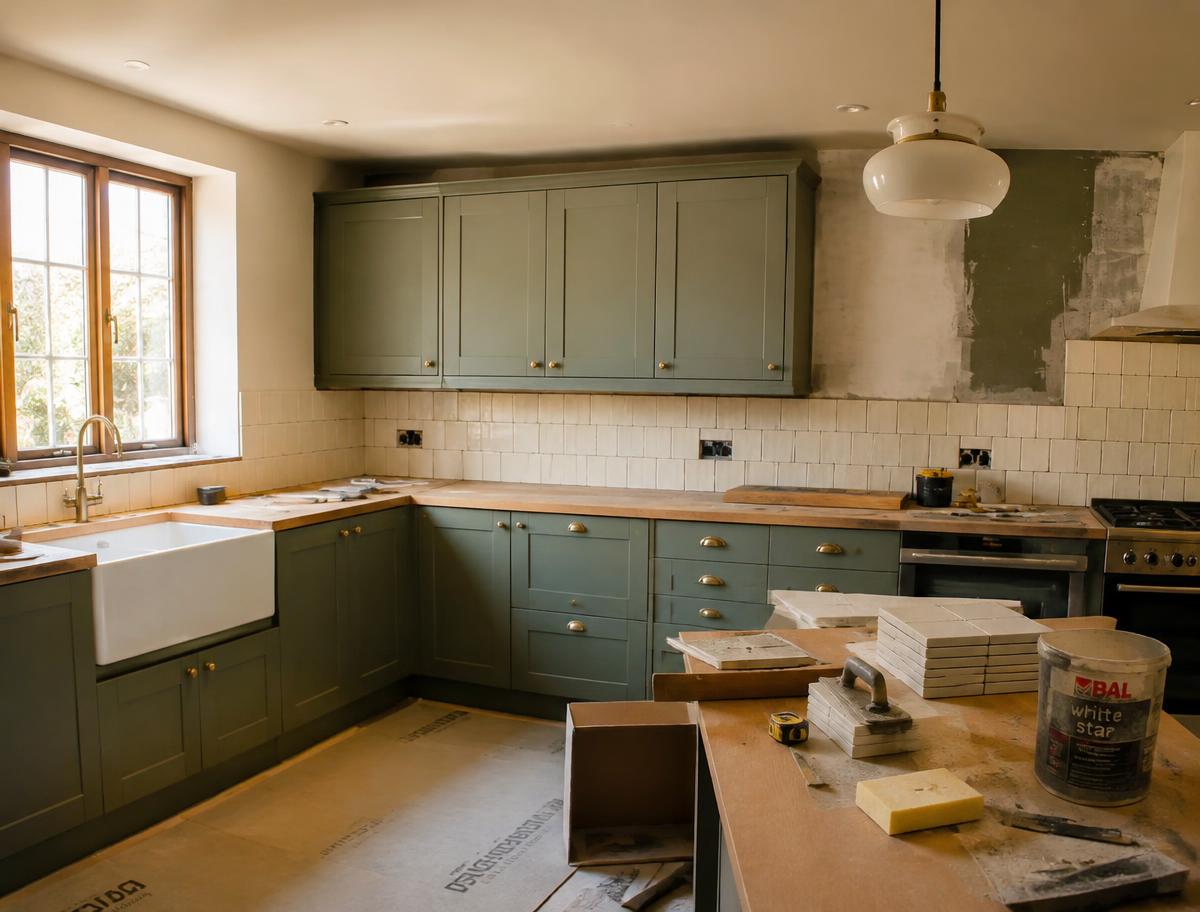 Kitchen renovation in progress with new cabinetry and tiles