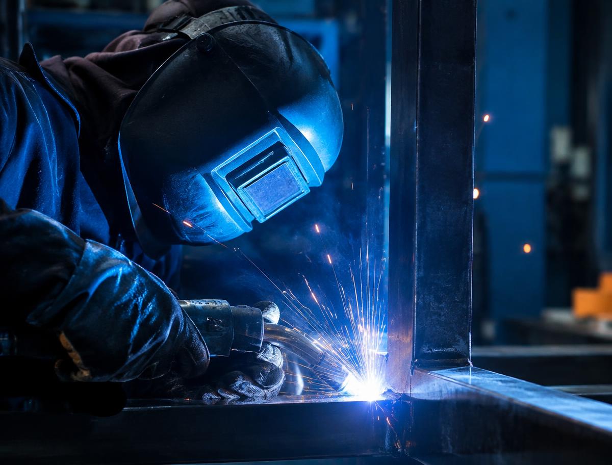 Welder joining a steel frame with bright sparks